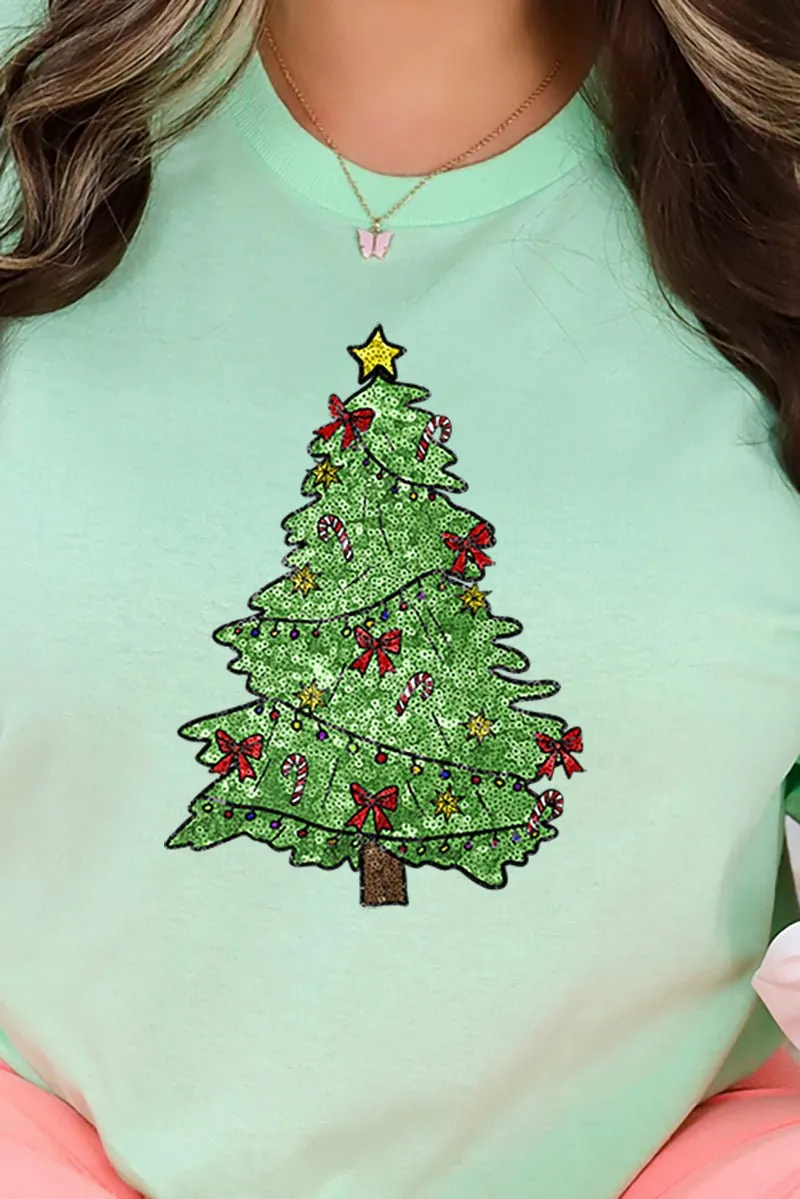 Faux Sequin Christmas Tree Transfer Short Sleeve Relaxed Fit T-Shirt