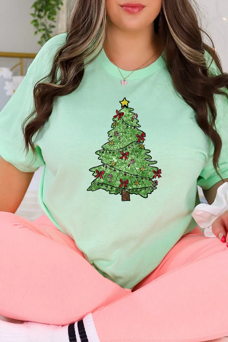 Faux Sequin Christmas Tree Transfer Short Sleeve Relaxed Fit T-Shirt