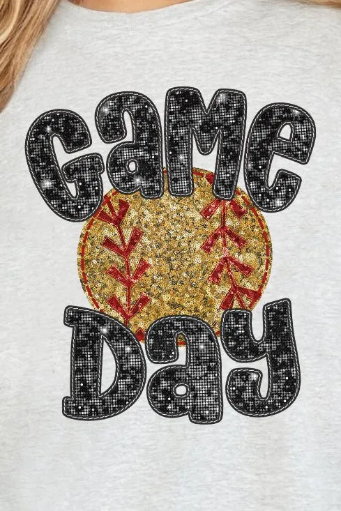 Game Day Softball Faux Sequin Transfer Short Sleeve Relaxed Fit T-Shirt