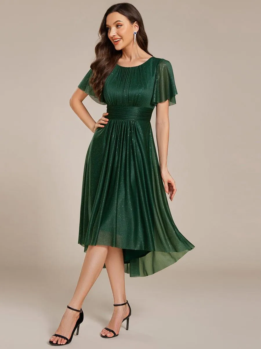 Glitter Short Sleeves Round Neck Midi Formal Dress