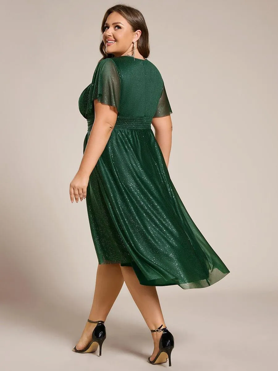 Glitter Short Sleeves Round Neck Midi Formal Dress