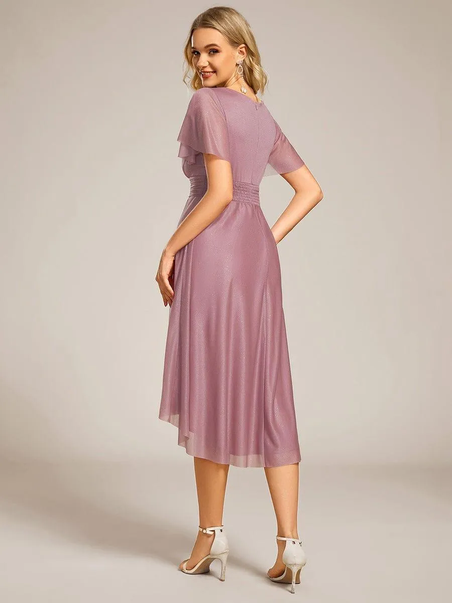 Glitter Short Sleeves Round Neck Midi Formal Dress