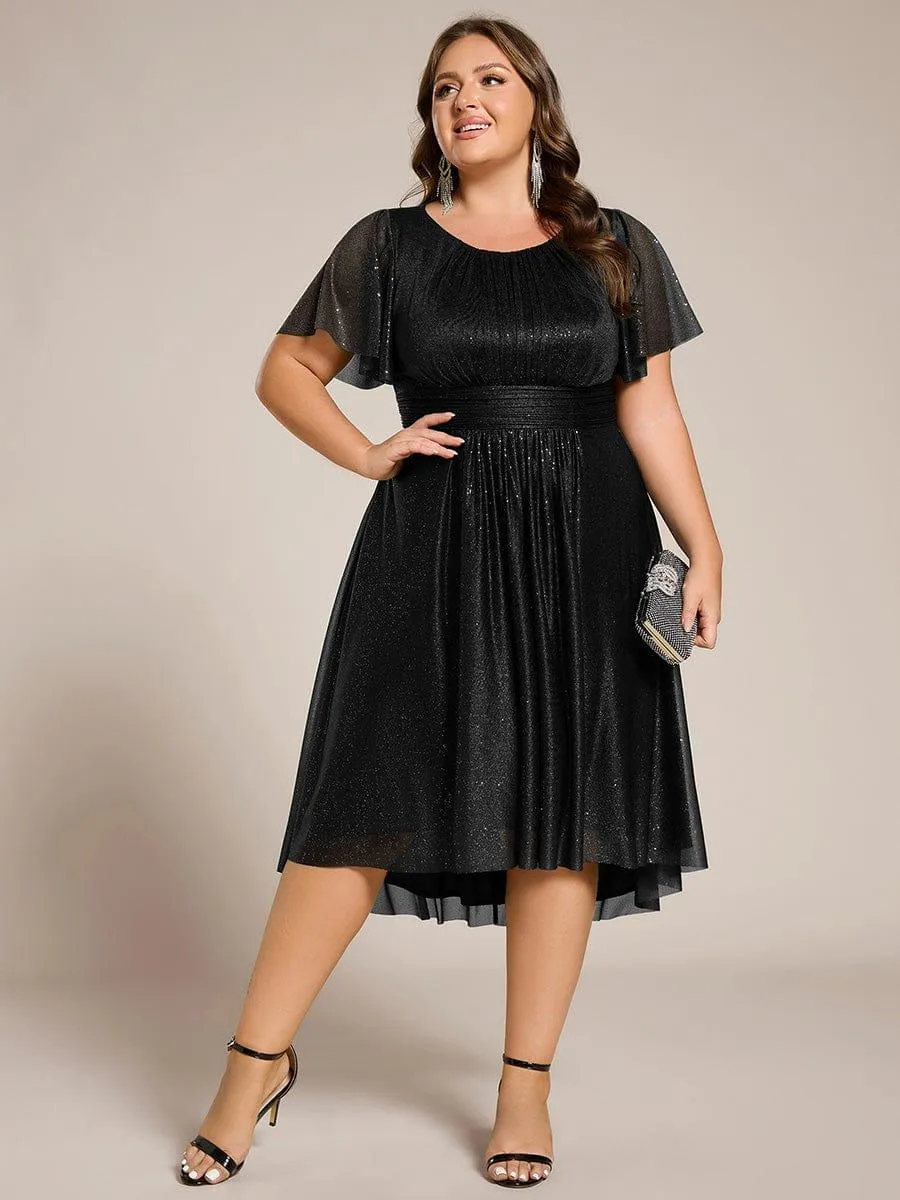 Glitter Short Sleeves Round Neck Midi Formal Dress