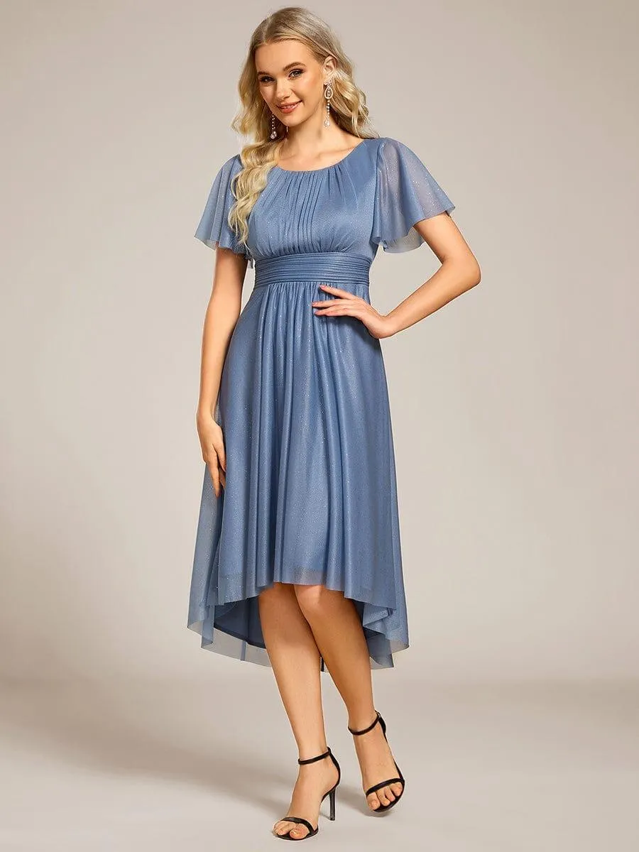 Glitter Short Sleeves Round Neck Midi Formal Dress