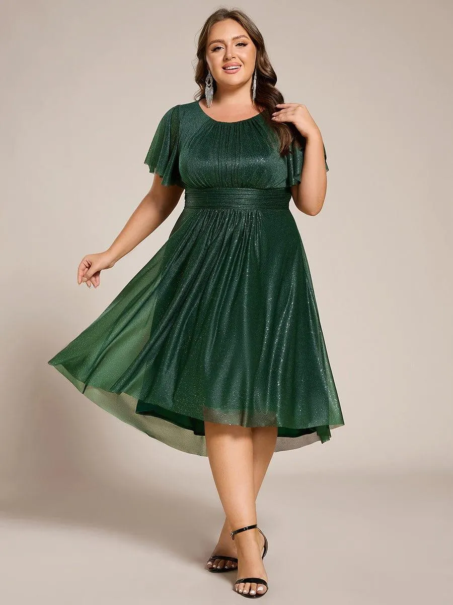 Glitter Short Sleeves Round Neck Midi Formal Dress