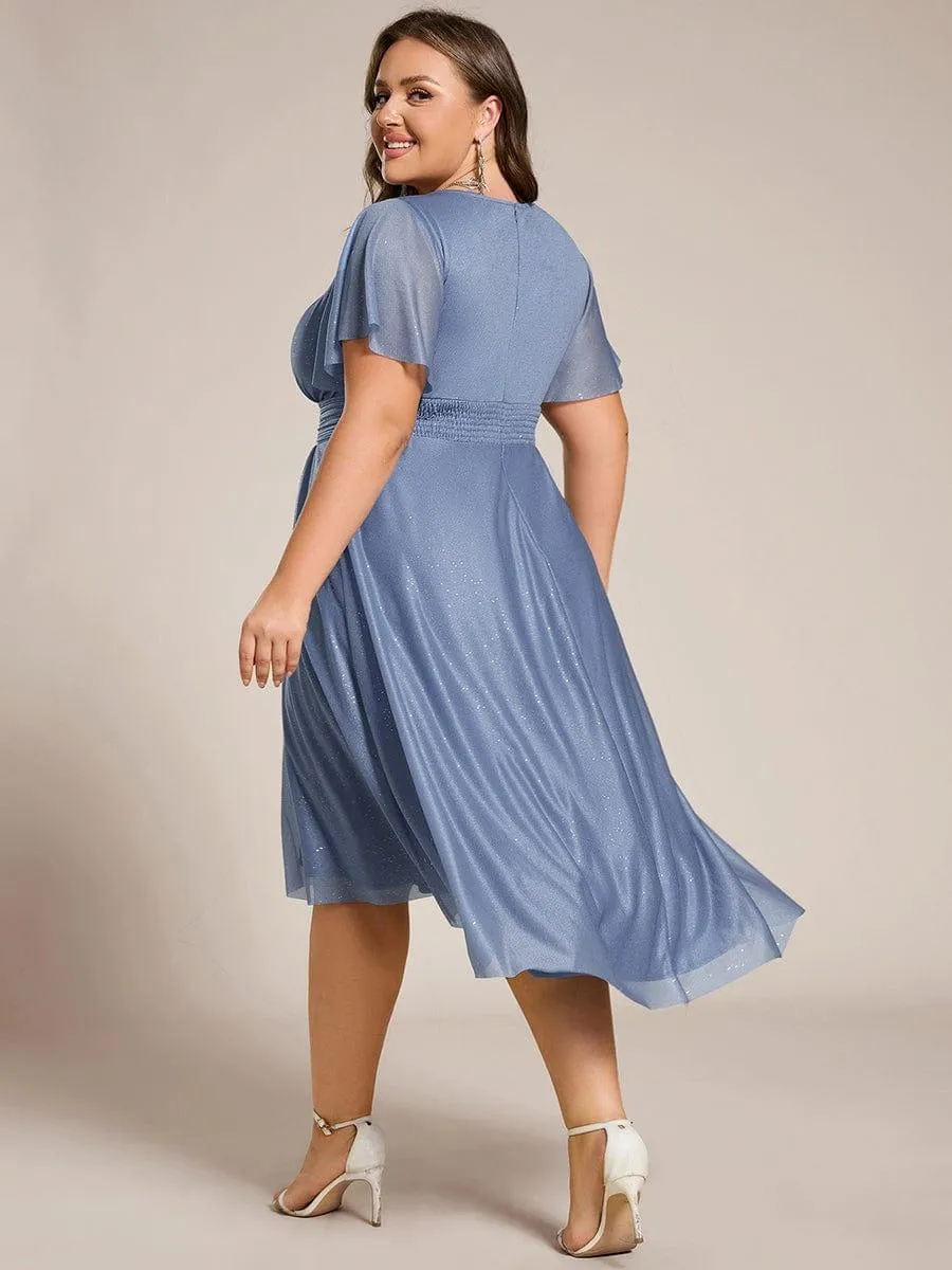 Glitter Short Sleeves Round Neck Midi Formal Dress