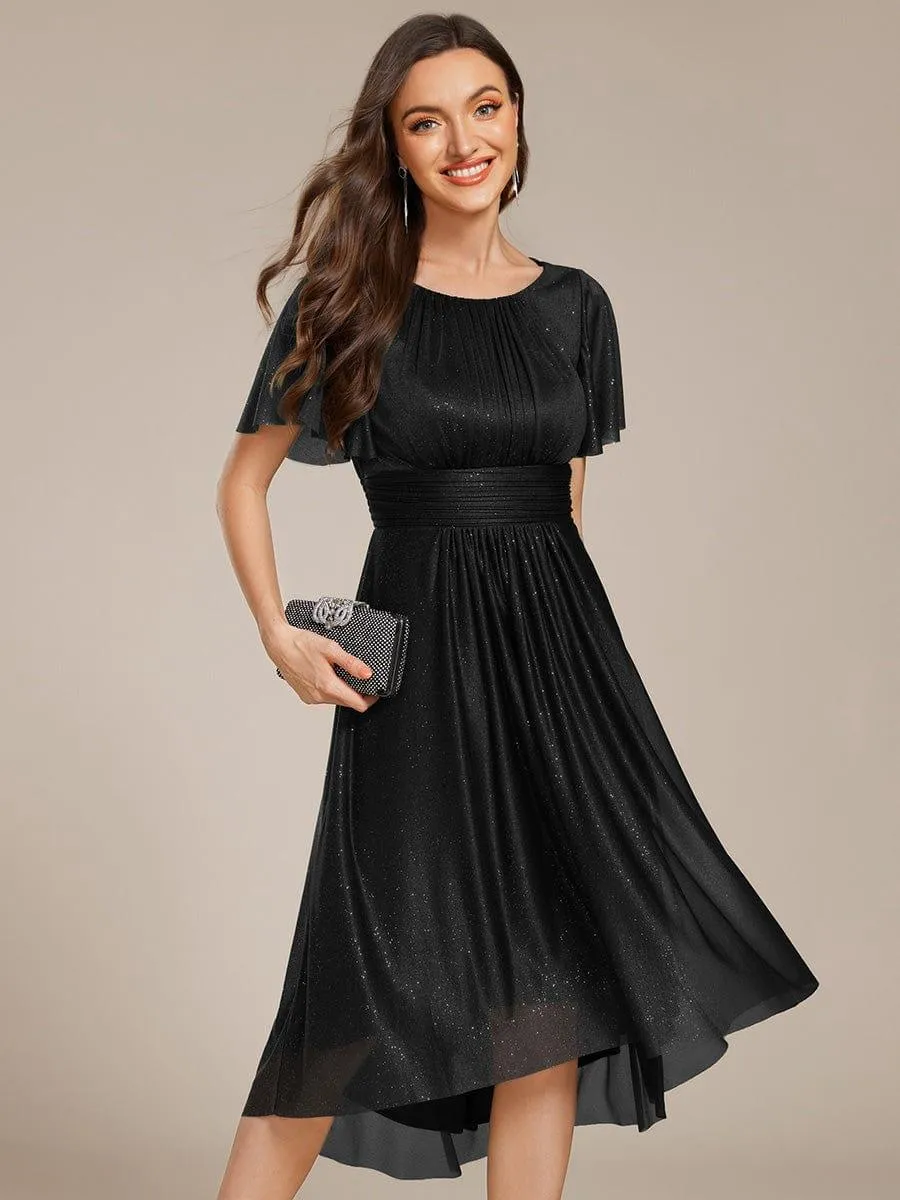 Glitter Short Sleeves Round Neck Midi Formal Dress