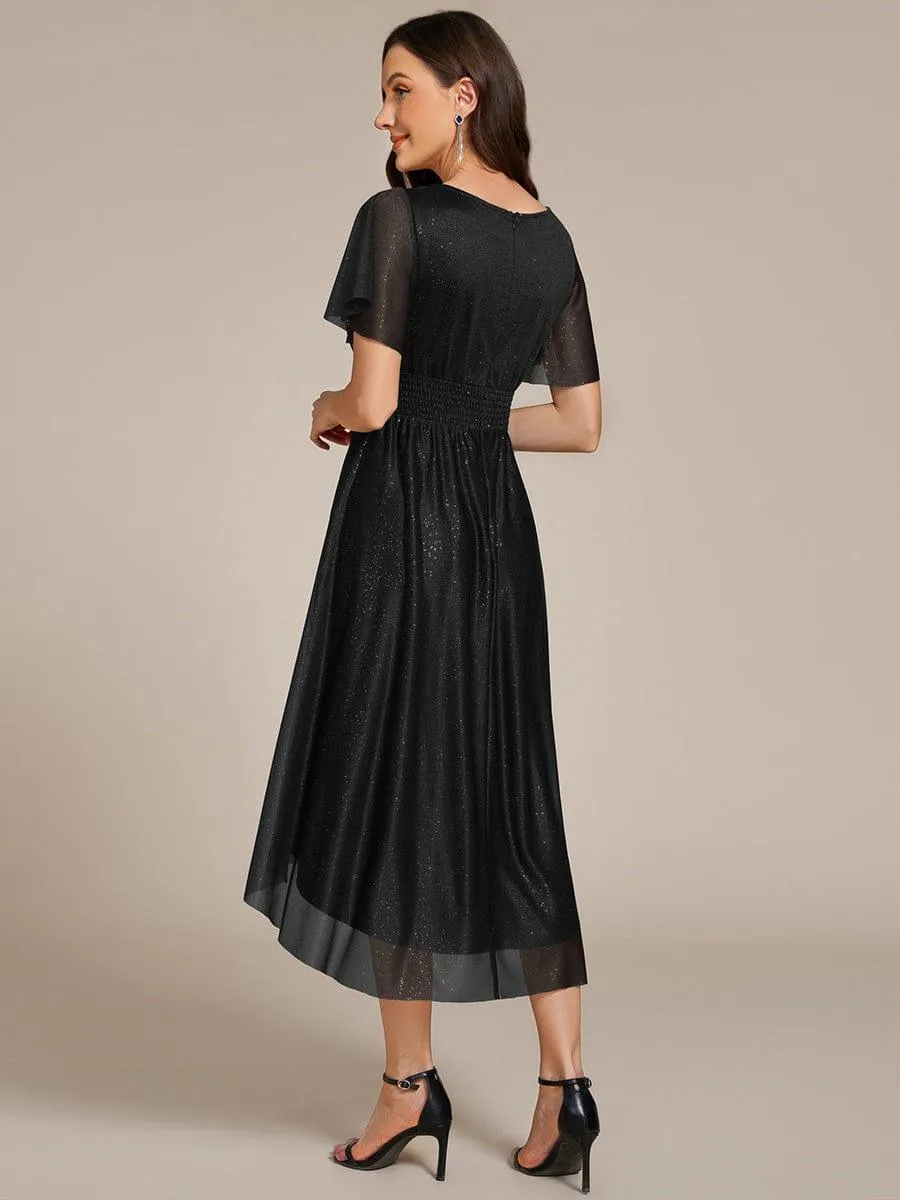 Glitter Short Sleeves Round Neck Midi Formal Dress