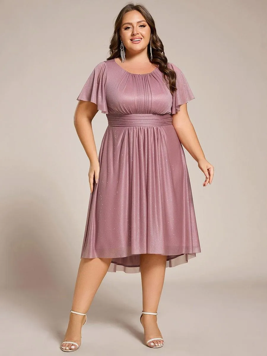 Glitter Short Sleeves Round Neck Midi Formal Dress