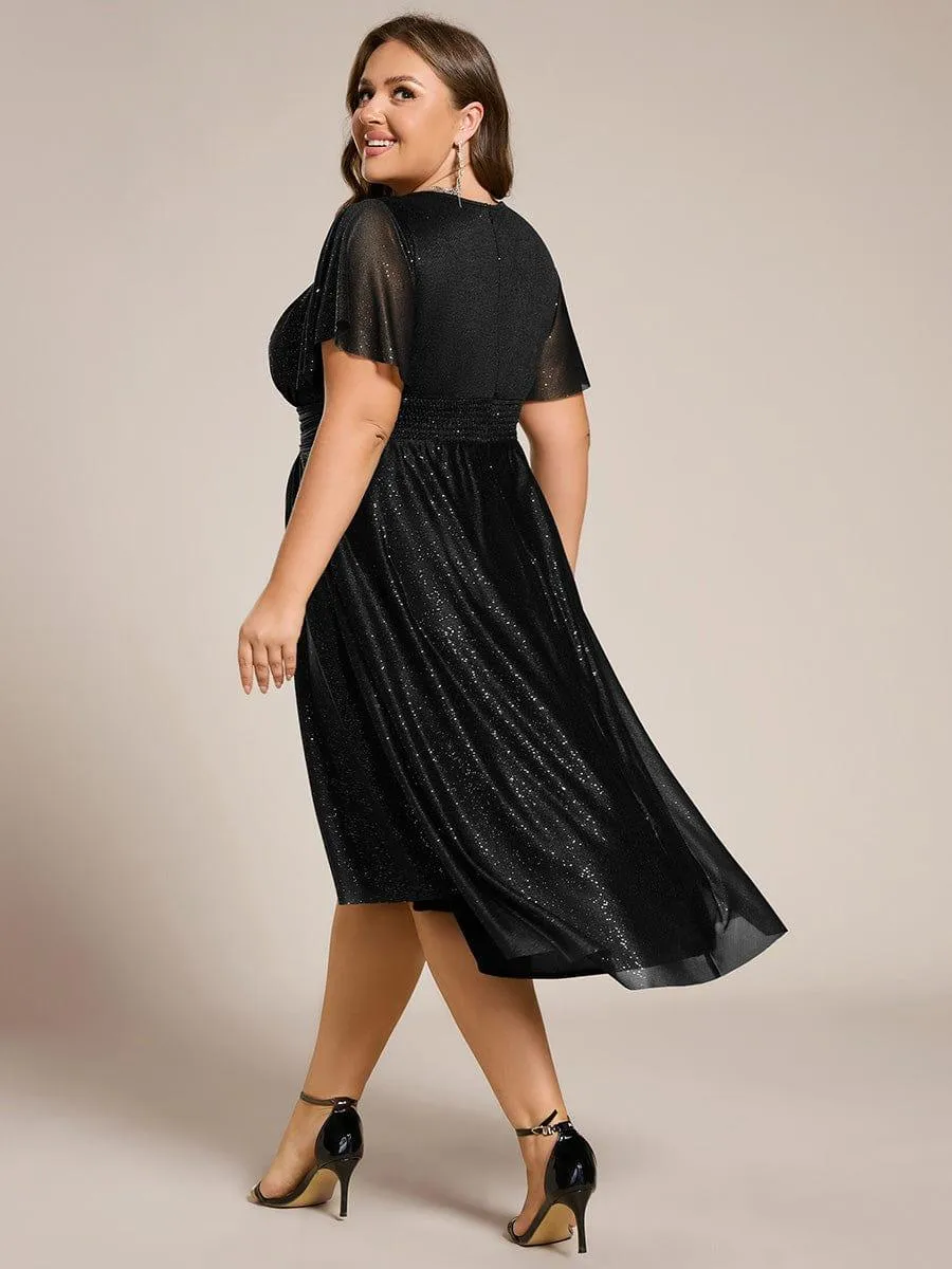 Glitter Short Sleeves Round Neck Midi Formal Dress
