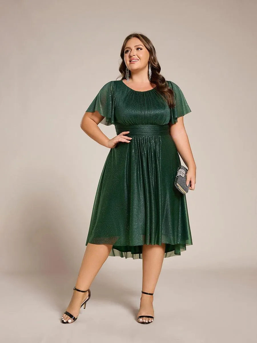 Glitter Short Sleeves Round Neck Midi Formal Dress