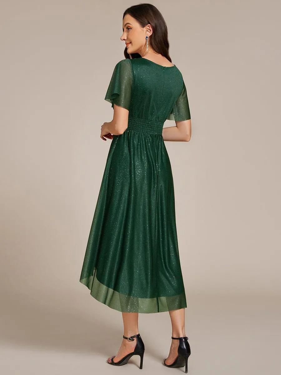 Glitter Short Sleeves Round Neck Midi Formal Dress