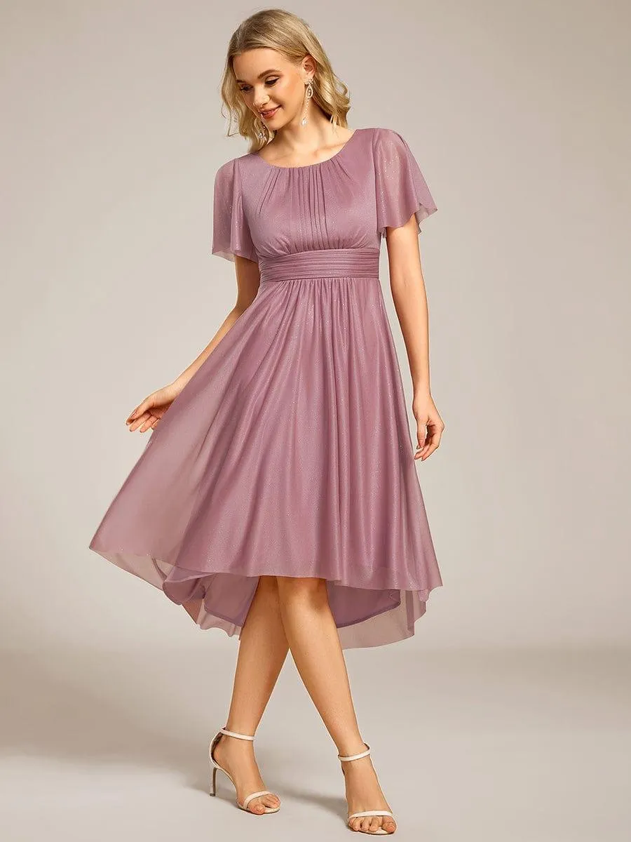 Glitter Short Sleeves Round Neck Midi Formal Dress