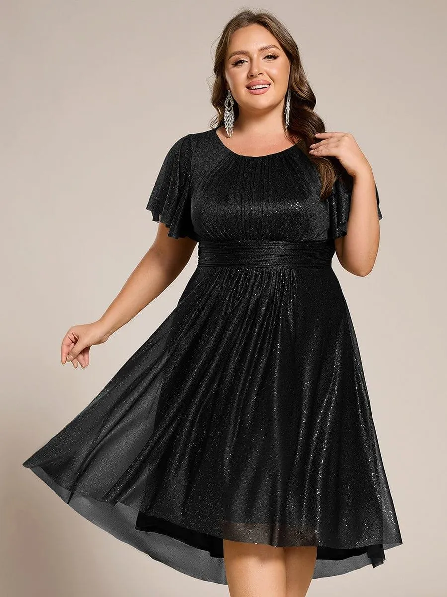 Glitter Short Sleeves Round Neck Midi Formal Dress