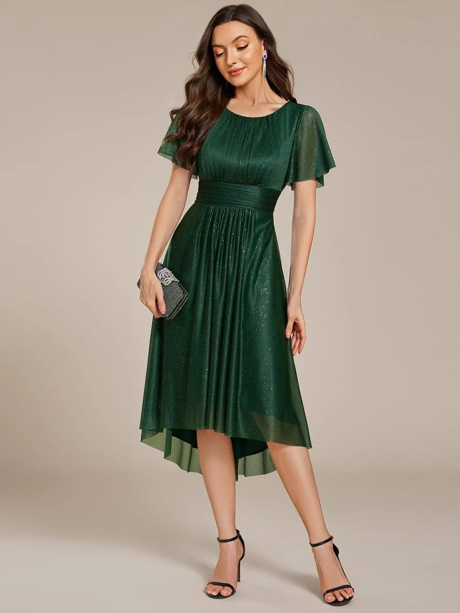Glitter Short Sleeves Round Neck Midi Formal Dress
