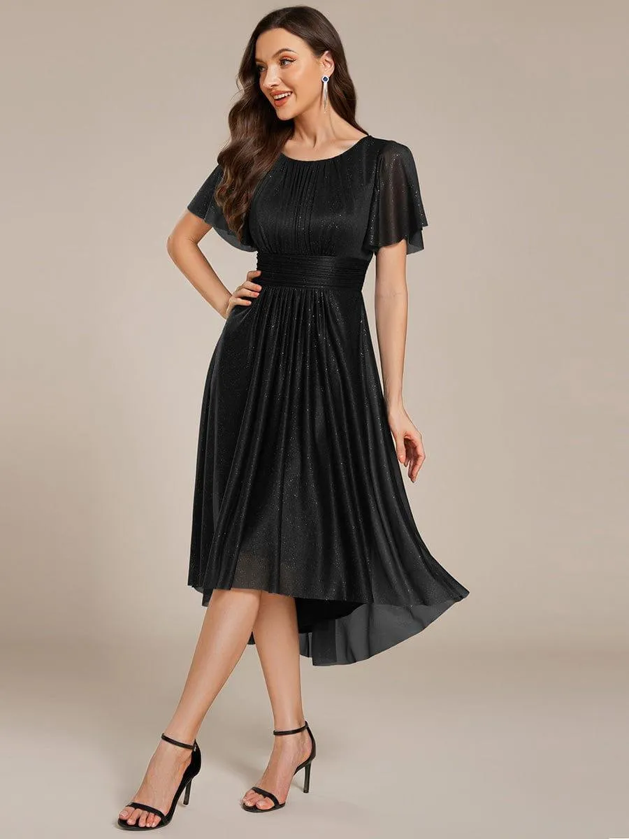 Glitter Short Sleeves Round Neck Midi Formal Dress