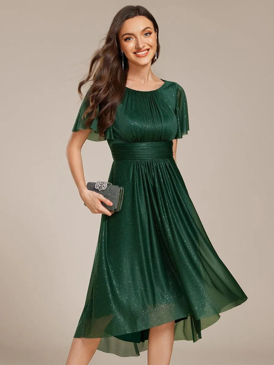 Glitter Short Sleeves Round Neck Midi Formal Dress