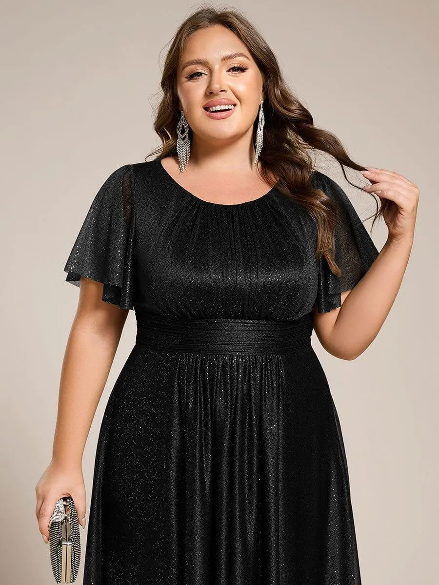 Glitter Short Sleeves Round Neck Midi Formal Dress