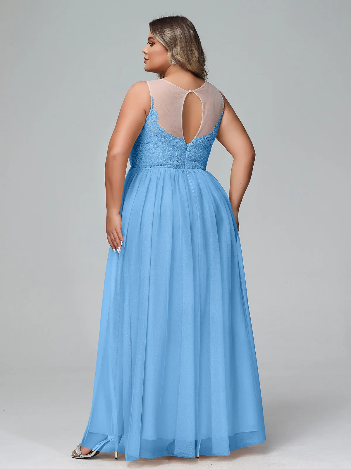Illusion Neckline Lace and Tulle Maxi Dress-Blue Plus Size