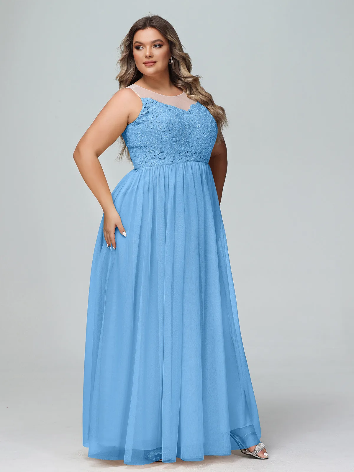 Illusion Neckline Lace and Tulle Maxi Dress-Blue Plus Size