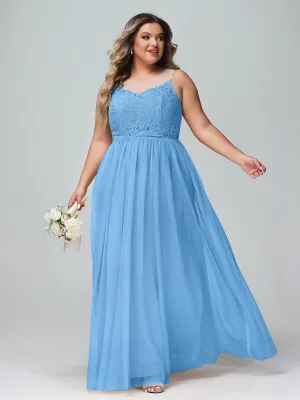 Illusion Neckline Lace and Tulle Maxi Dress-Blue Plus Size