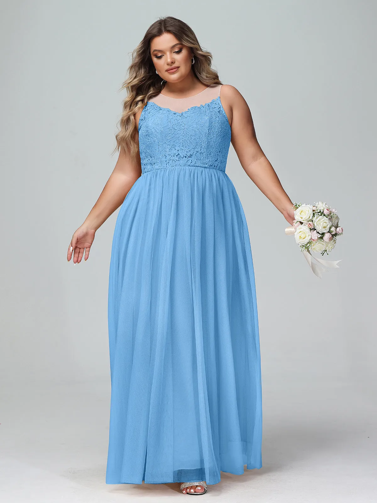 Illusion Neckline Lace and Tulle Maxi Dress-Blue Plus Size