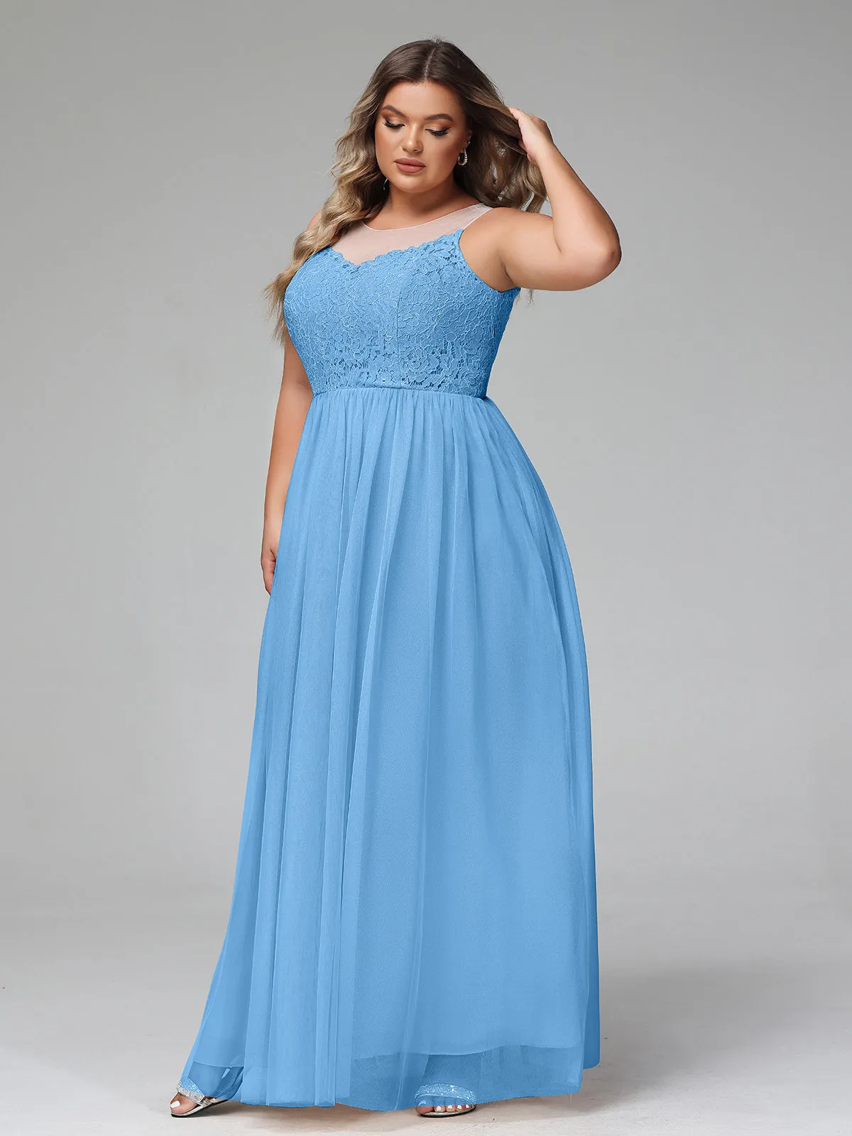 Illusion Neckline Lace and Tulle Maxi Dress-Blue Plus Size