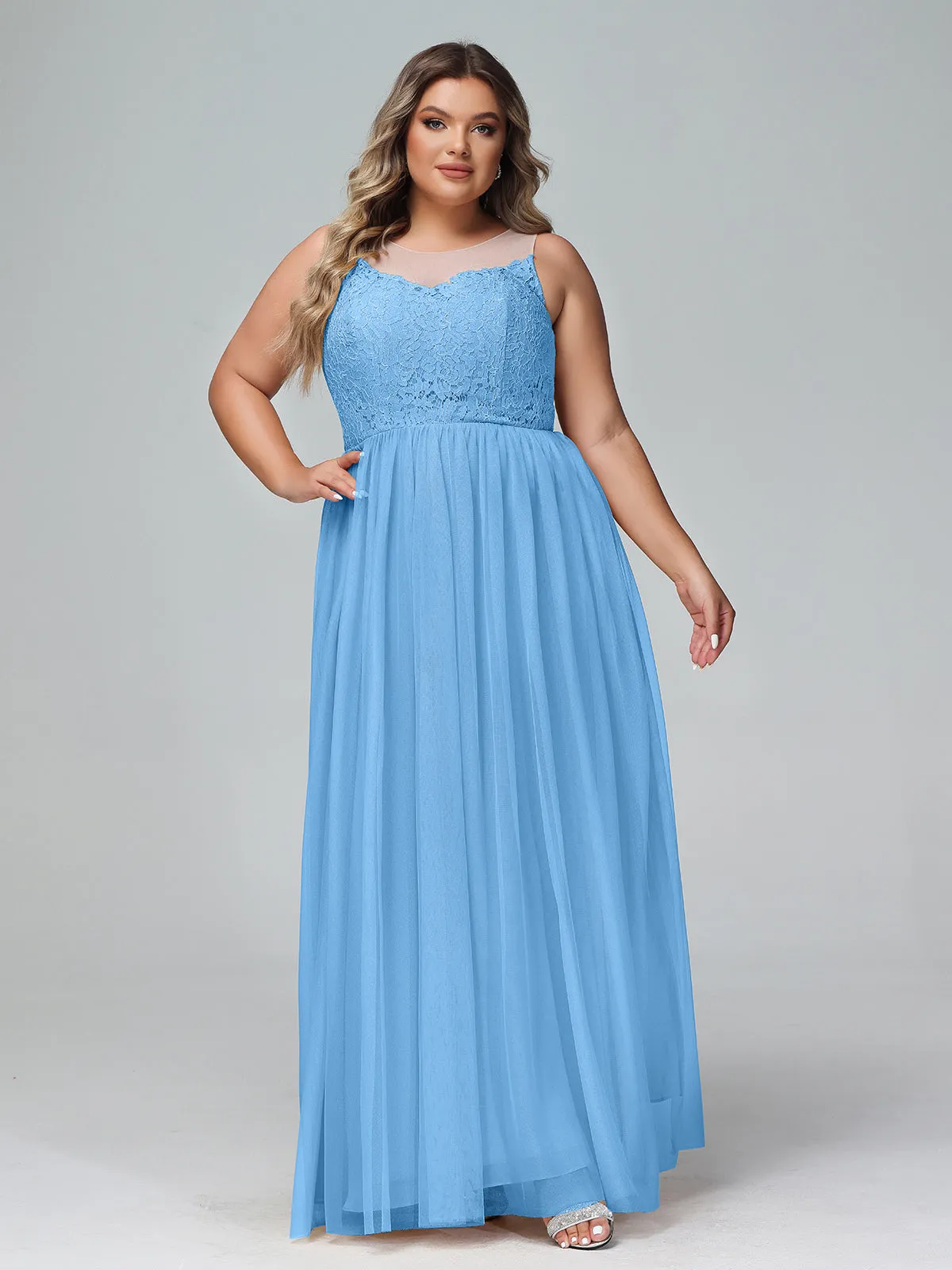 Illusion Neckline Lace and Tulle Maxi Dress-Blue Plus Size
