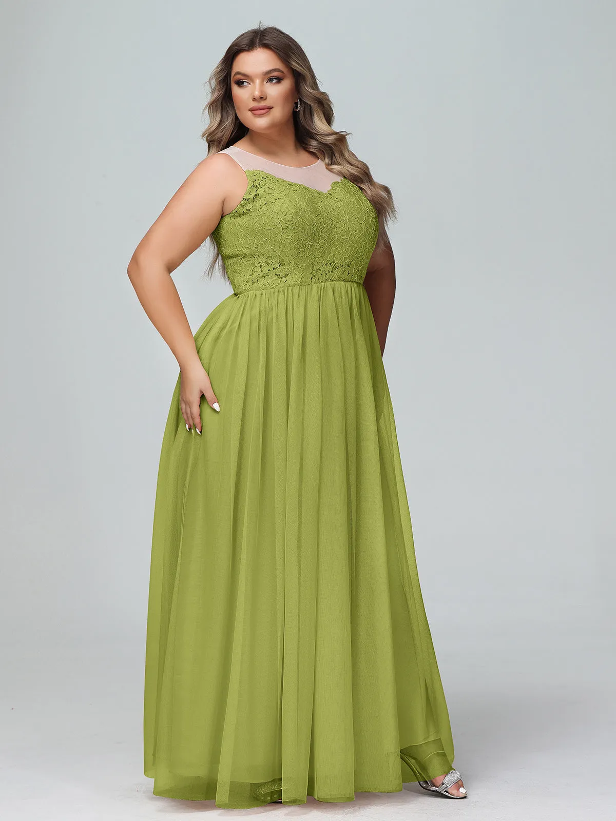 Illusion Neckline Lace and Tulle Maxi Dress-Clover Plus Size