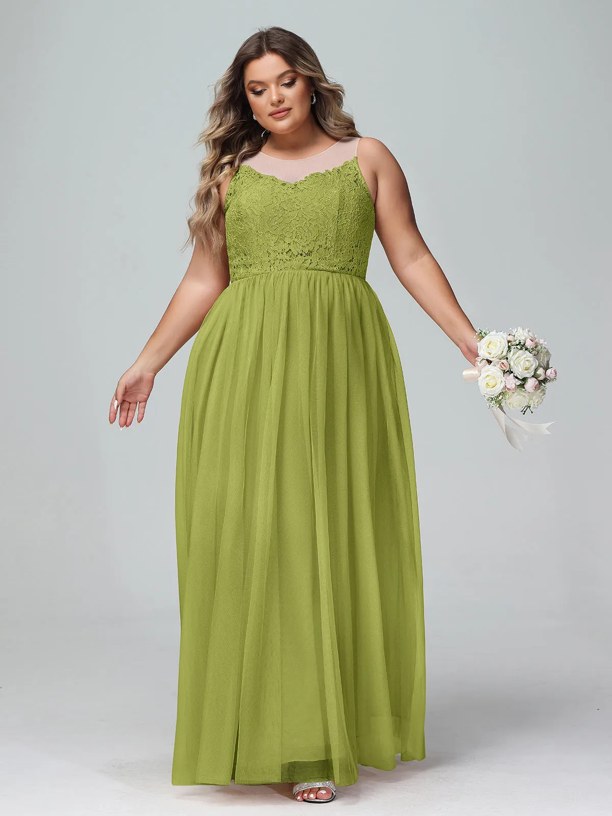 Illusion Neckline Lace and Tulle Maxi Dress-Clover Plus Size