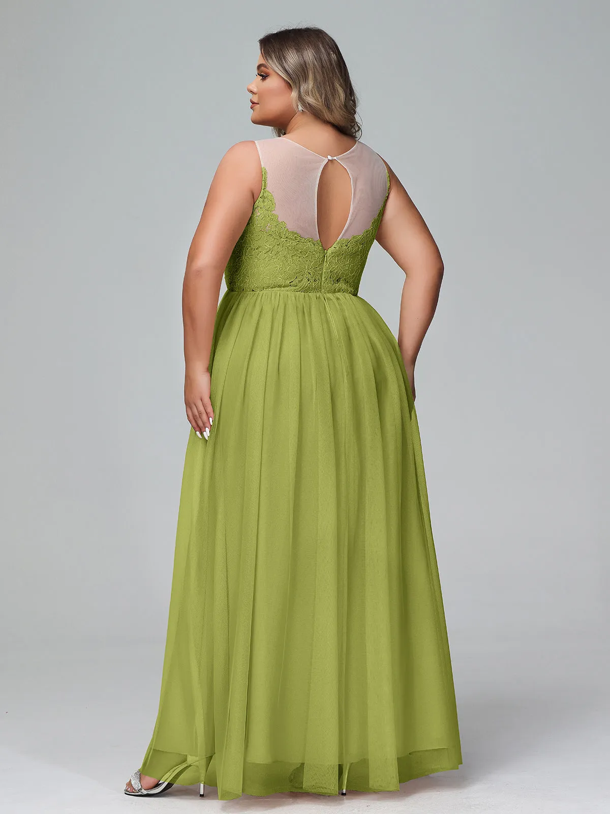 Illusion Neckline Lace and Tulle Maxi Dress-Clover Plus Size