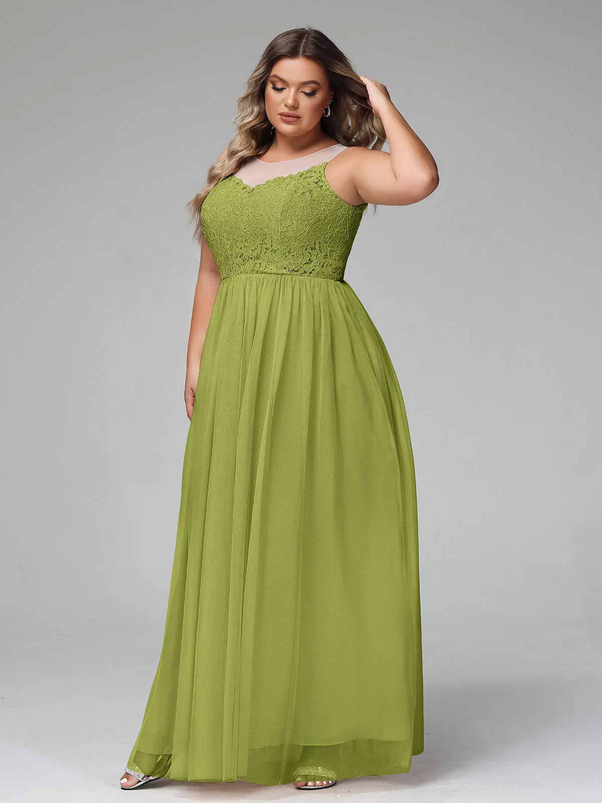 Illusion Neckline Lace and Tulle Maxi Dress-Clover Plus Size