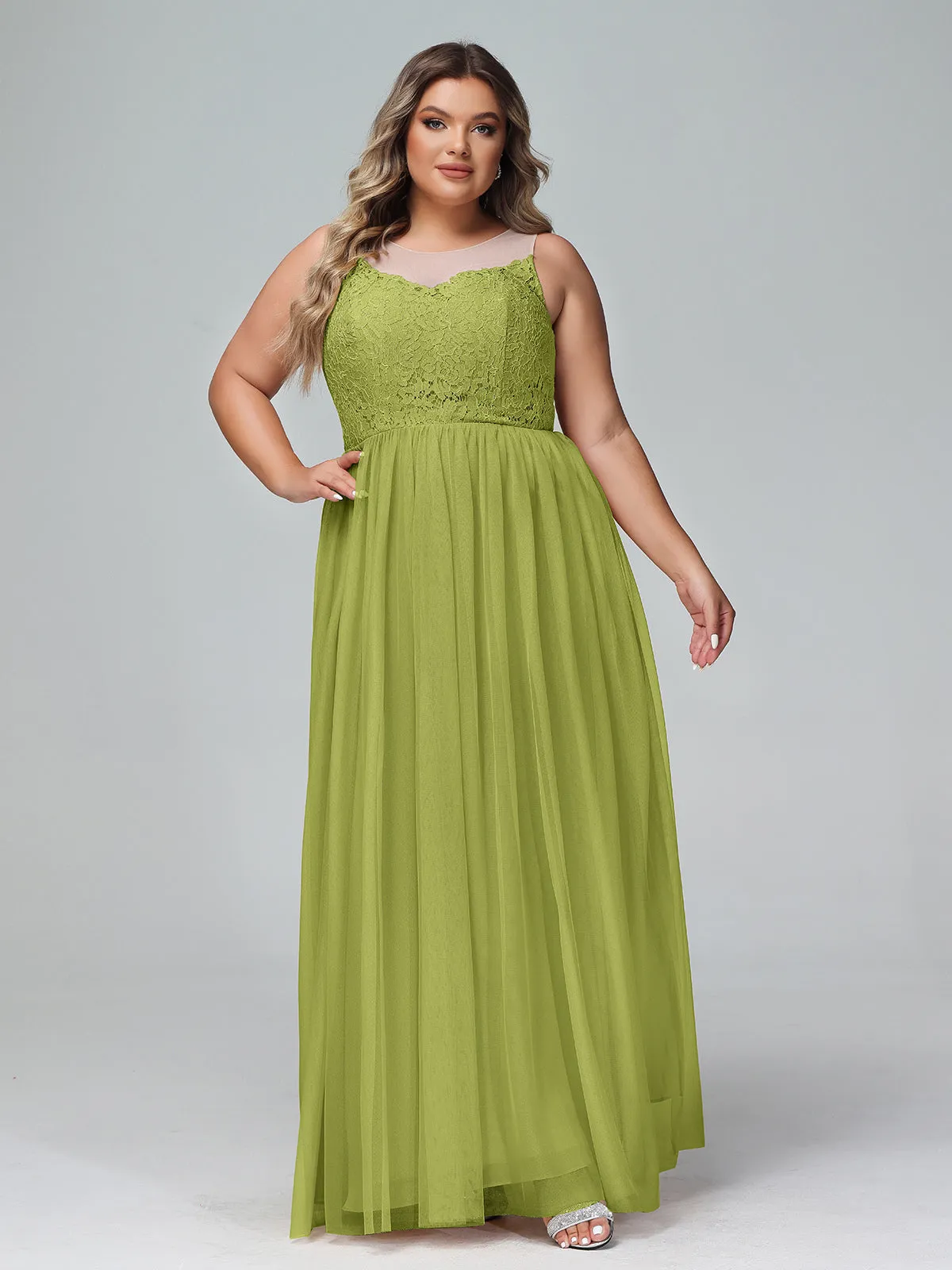 Illusion Neckline Lace and Tulle Maxi Dress-Clover Plus Size