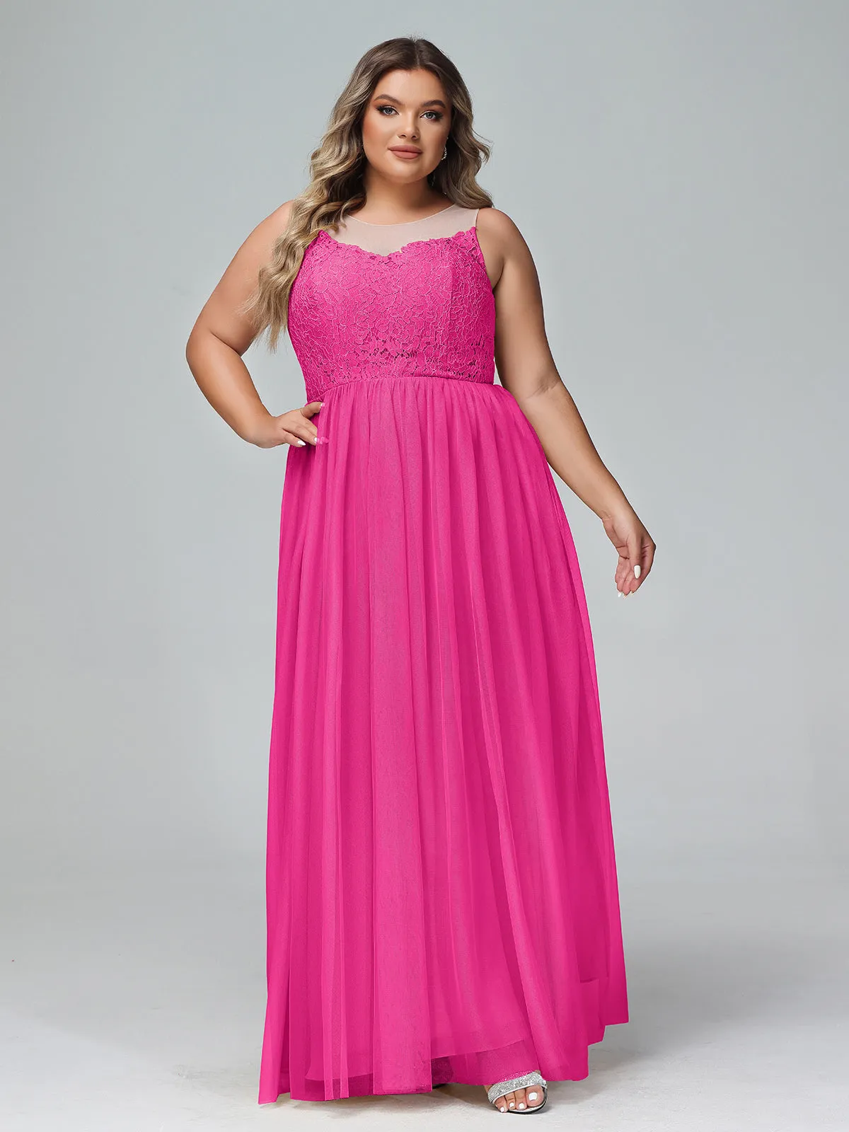 Illusion Neckline Lace and Tulle Maxi Dress-Fuchsia Plus Size