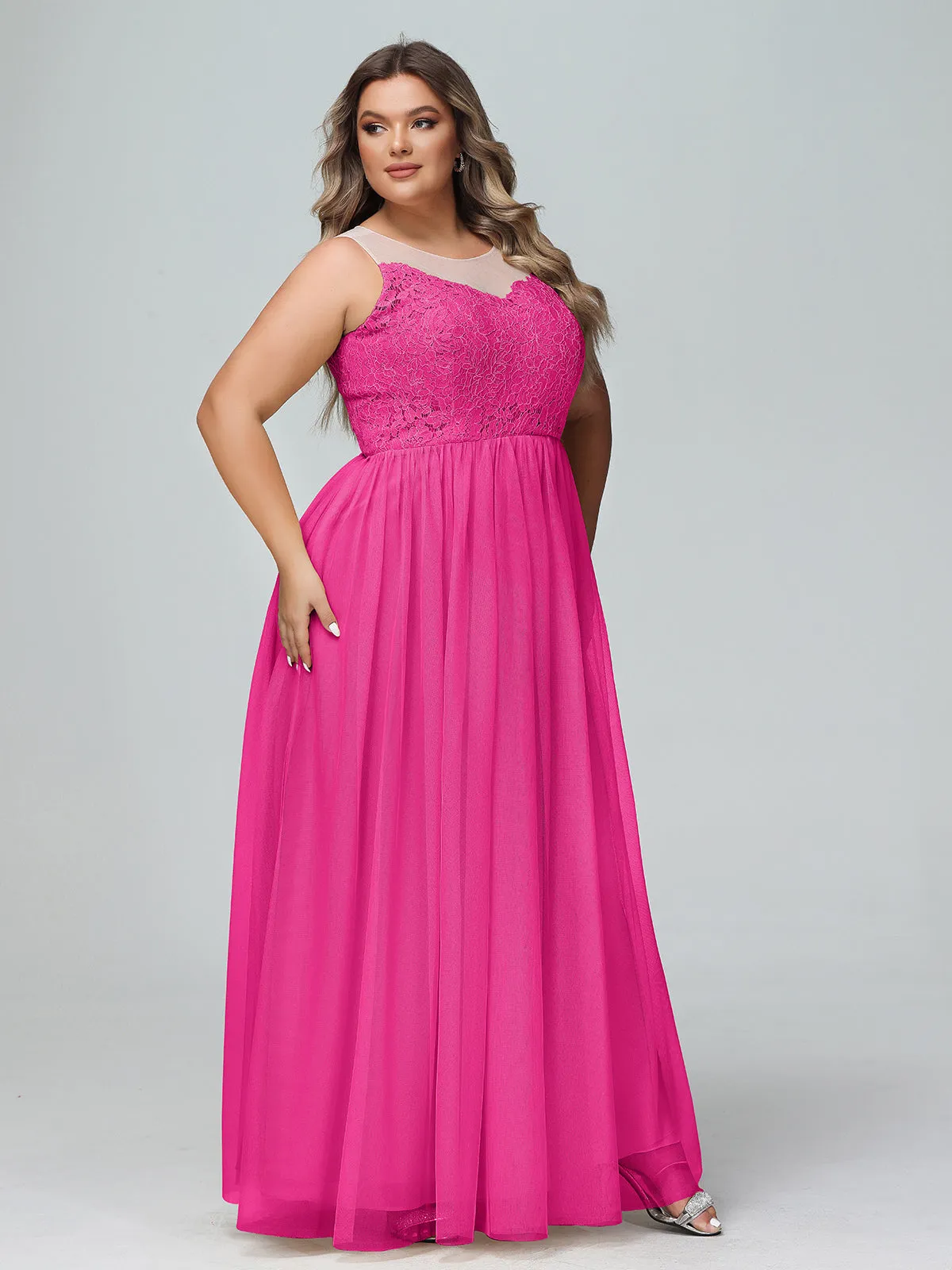 Illusion Neckline Lace and Tulle Maxi Dress-Fuchsia Plus Size