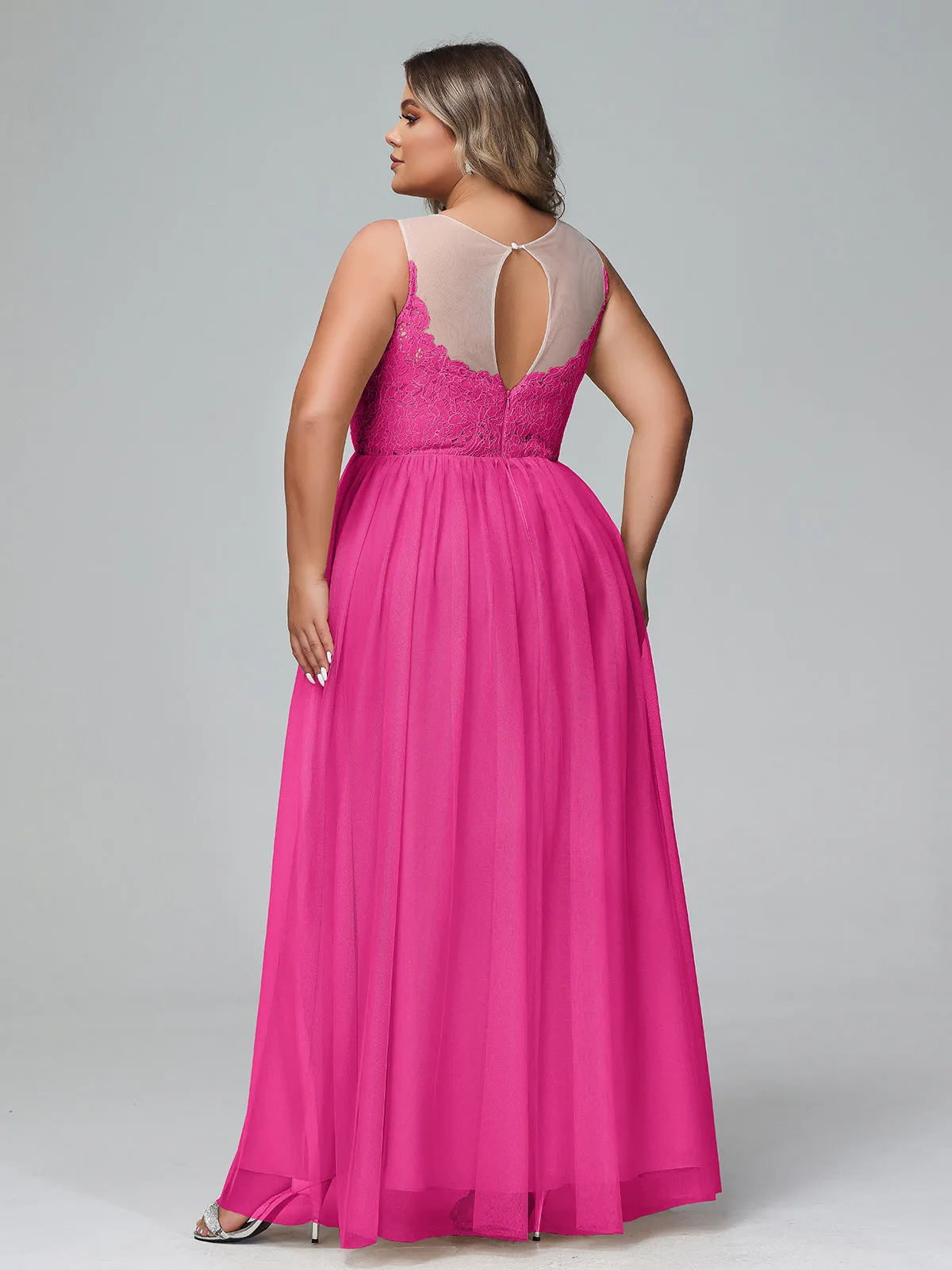 Illusion Neckline Lace and Tulle Maxi Dress-Fuchsia Plus Size