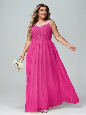 Illusion Neckline Lace and Tulle Maxi Dress-Fuchsia Plus Size