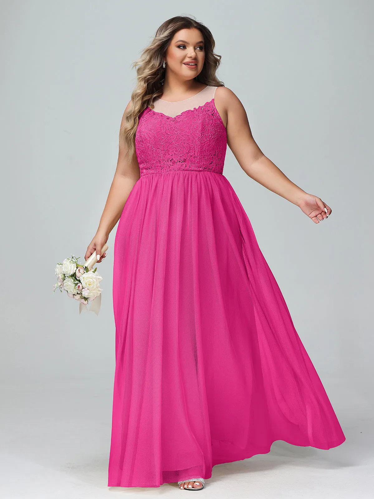 Illusion Neckline Lace and Tulle Maxi Dress-Fuchsia Plus Size