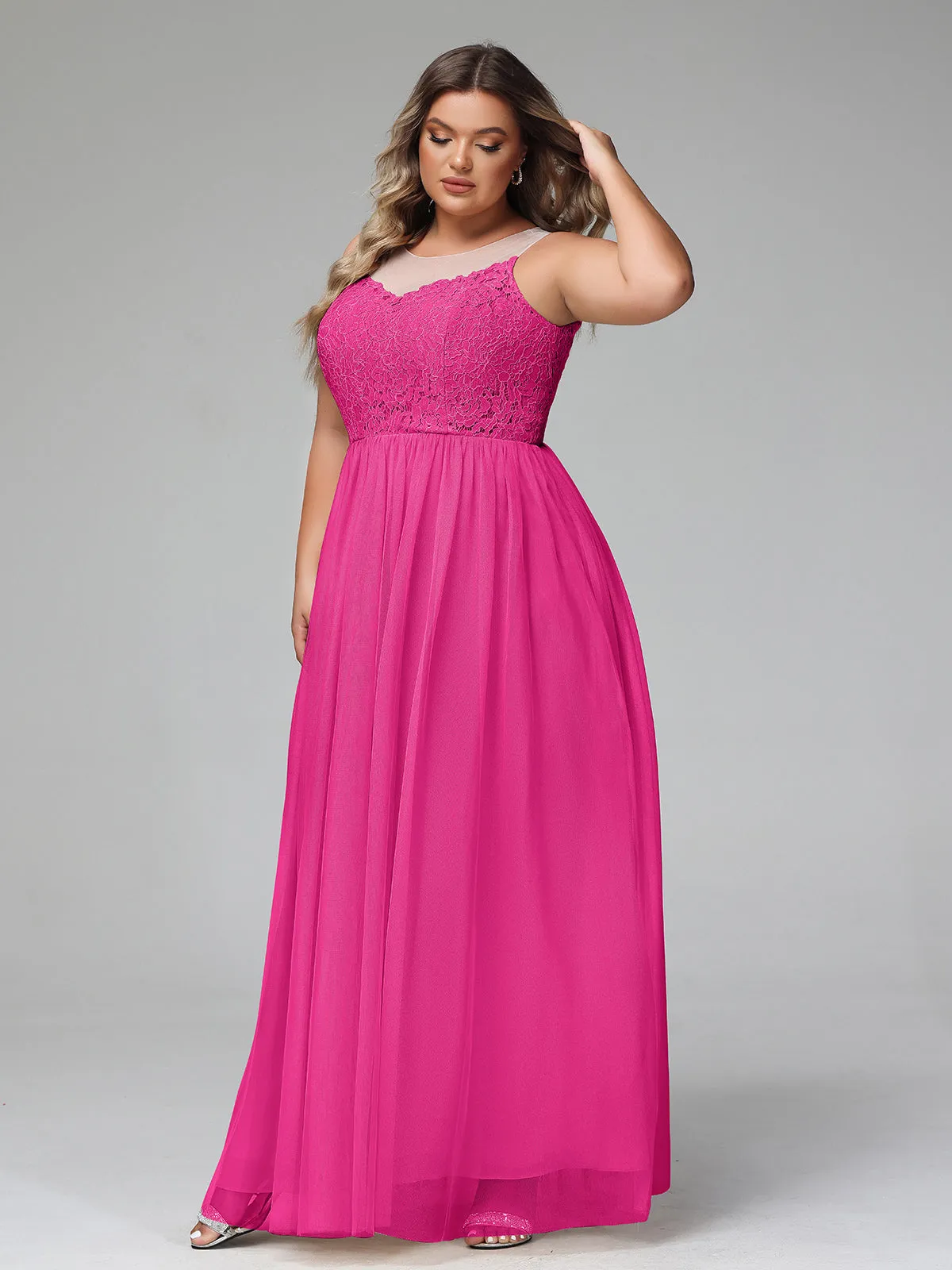 Illusion Neckline Lace and Tulle Maxi Dress-Fuchsia Plus Size