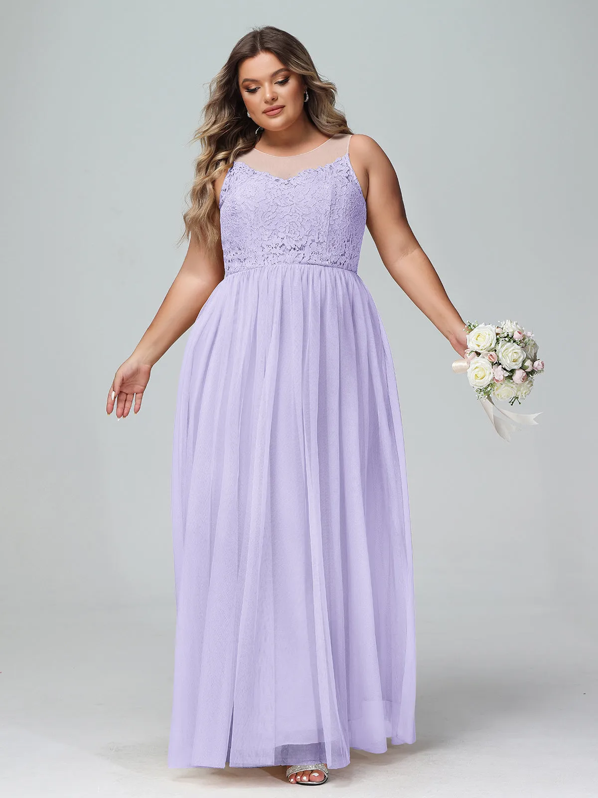 Illusion Neckline Lace and Tulle Maxi Dress-Lilac Plus Size