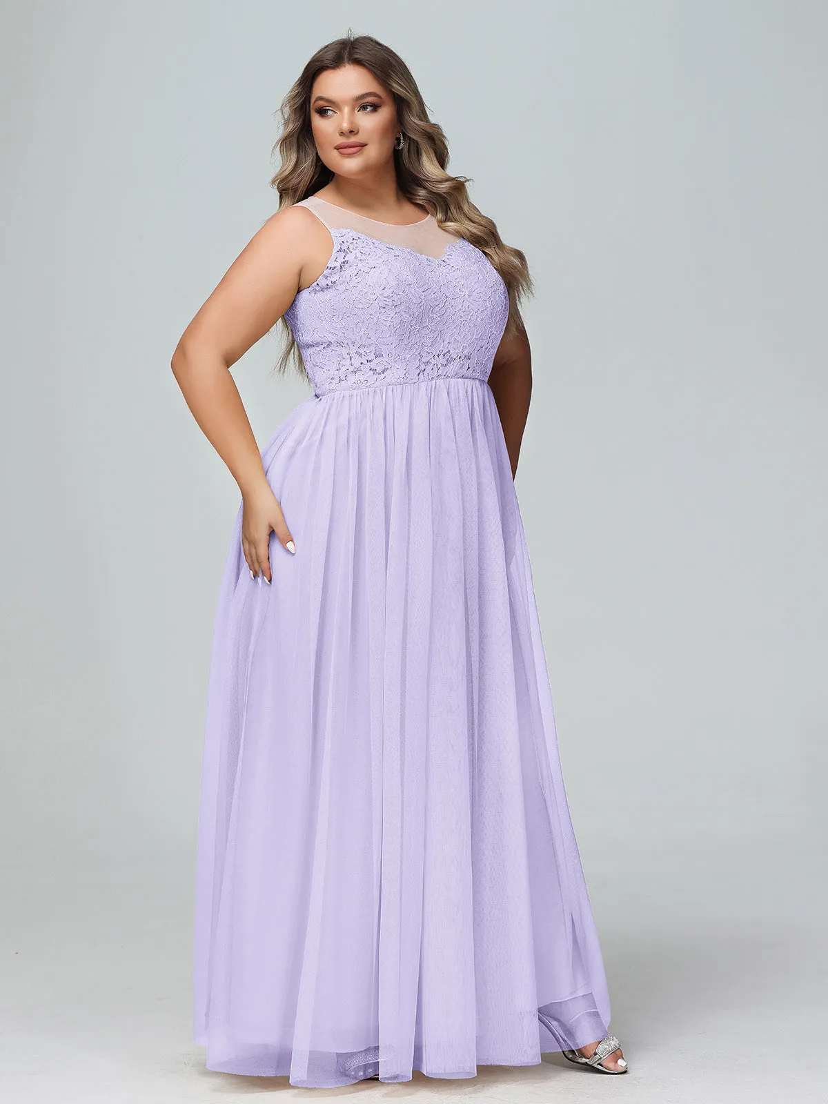 Illusion Neckline Lace and Tulle Maxi Dress-Lilac Plus Size