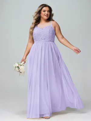 Illusion Neckline Lace and Tulle Maxi Dress-Lilac Plus Size