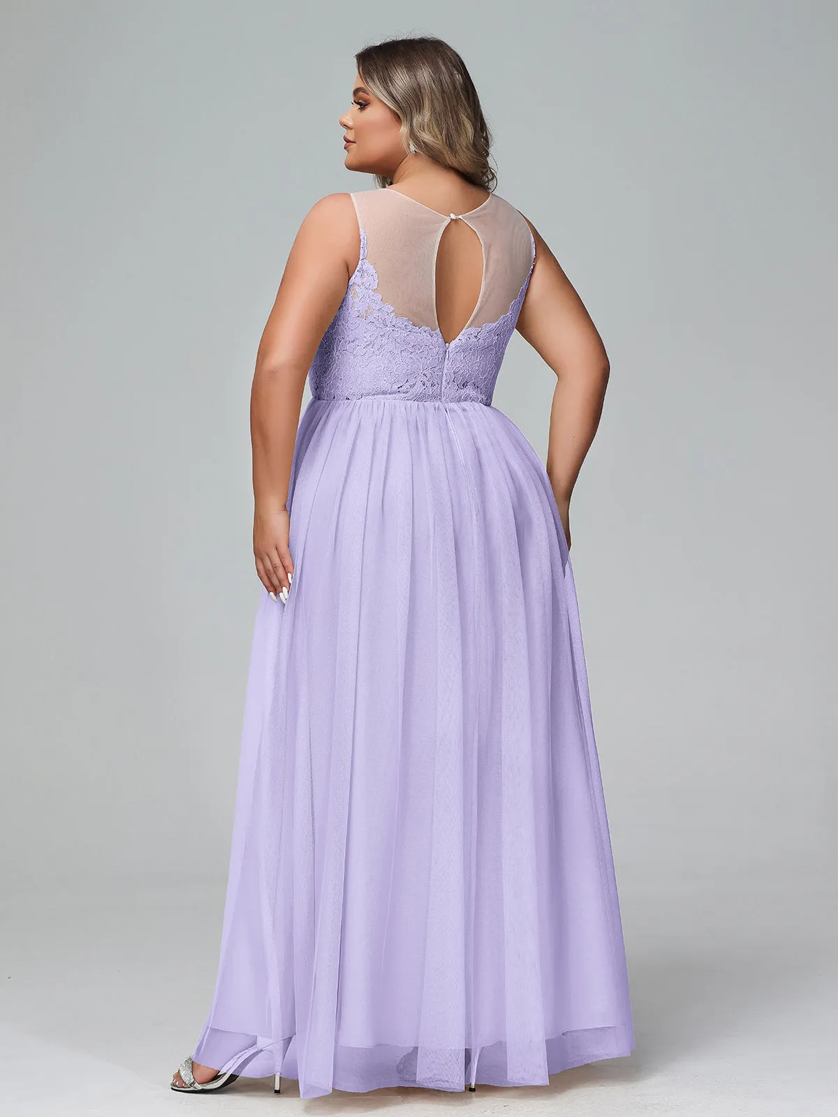 Illusion Neckline Lace and Tulle Maxi Dress-Lilac Plus Size