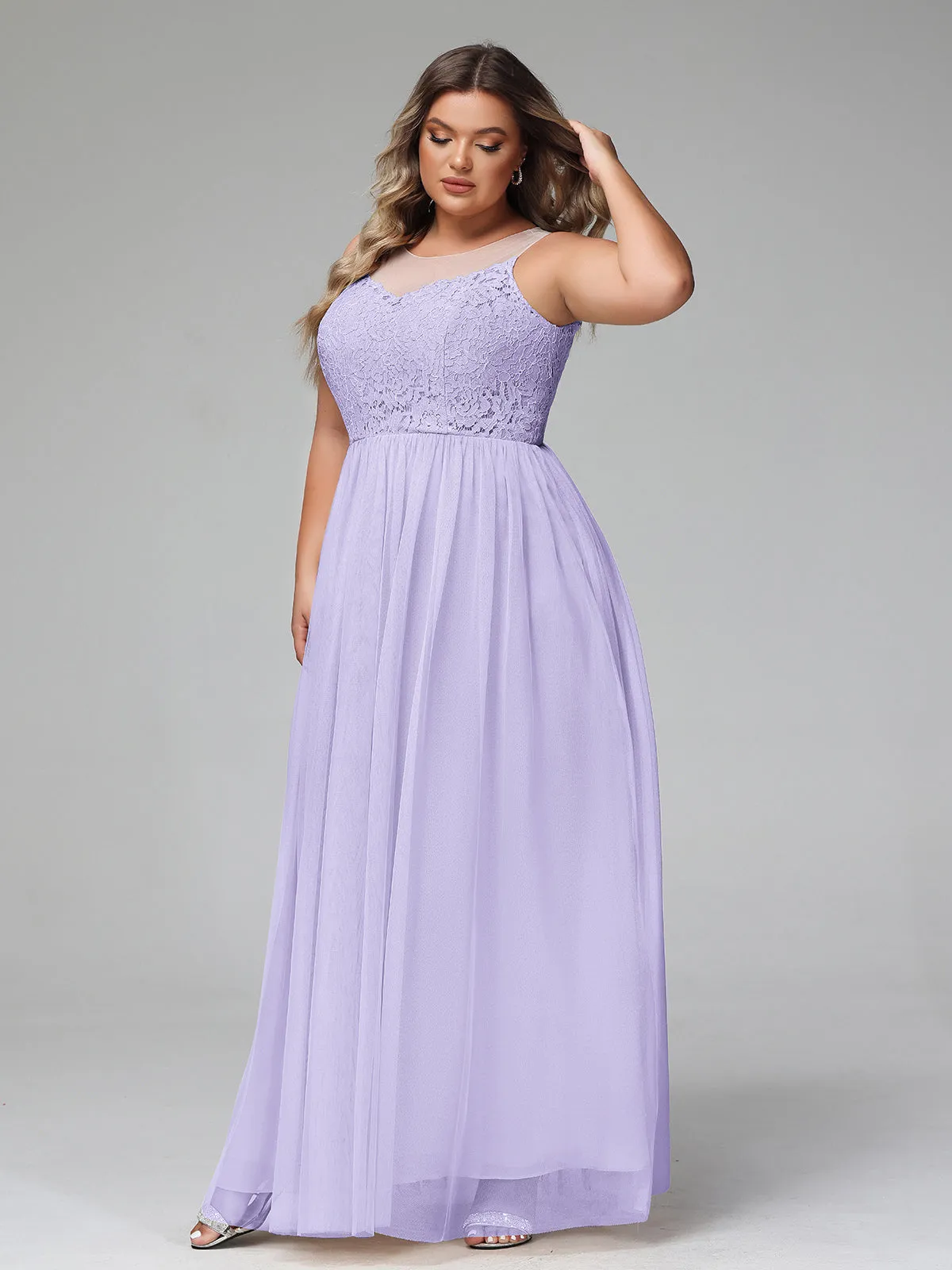 Illusion Neckline Lace and Tulle Maxi Dress-Lilac Plus Size