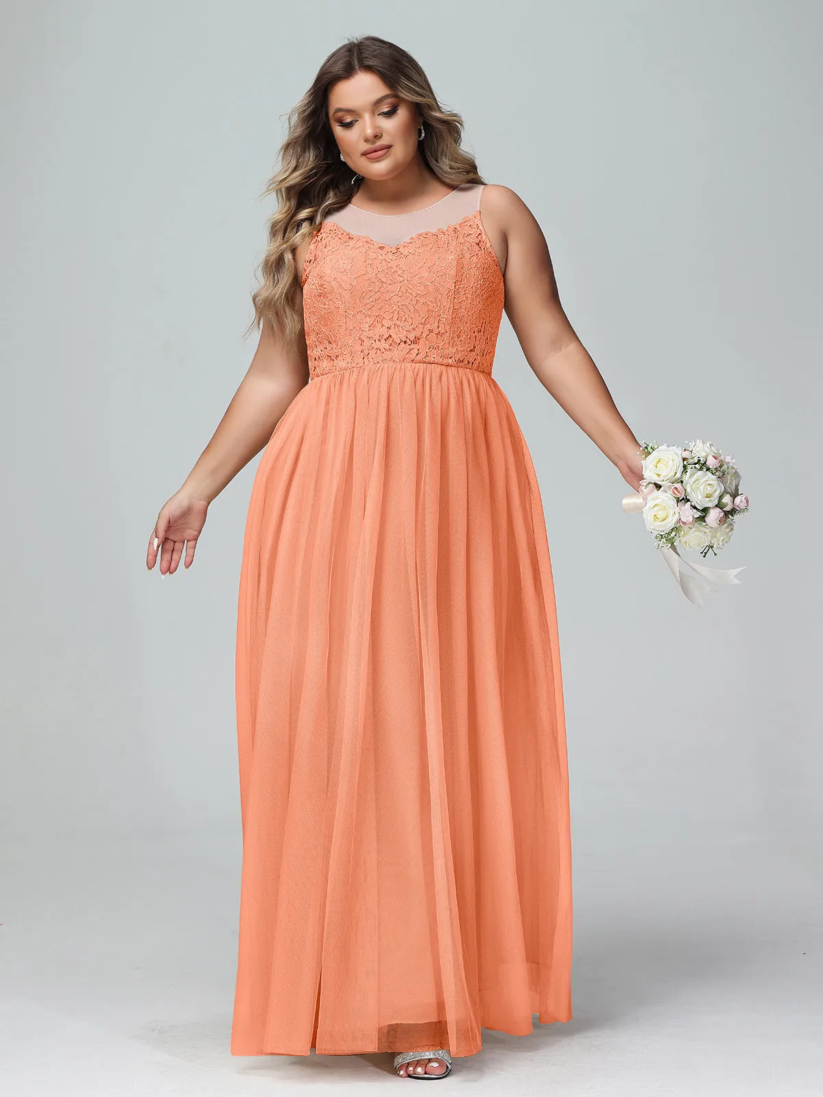 Illusion Neckline Lace and Tulle Maxi Dress-Papaya Plus Size