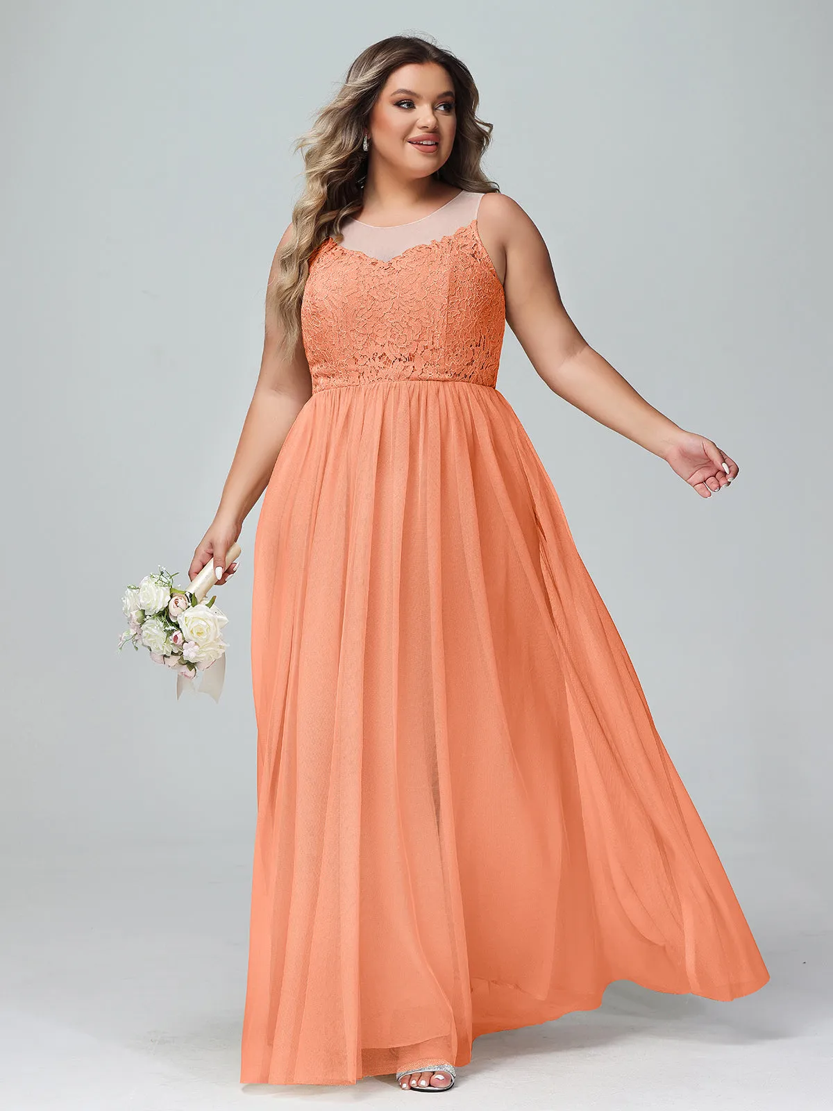 Illusion Neckline Lace and Tulle Maxi Dress-Papaya Plus Size
