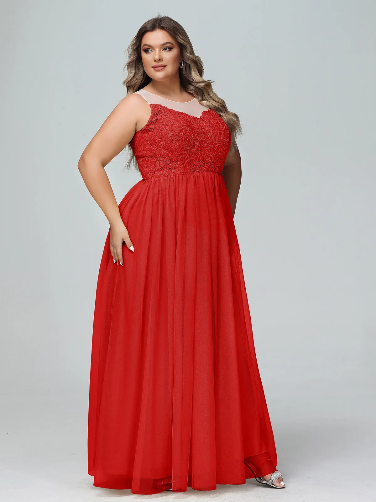 Illusion Neckline Lace and Tulle Maxi Dress-Red Plus Size