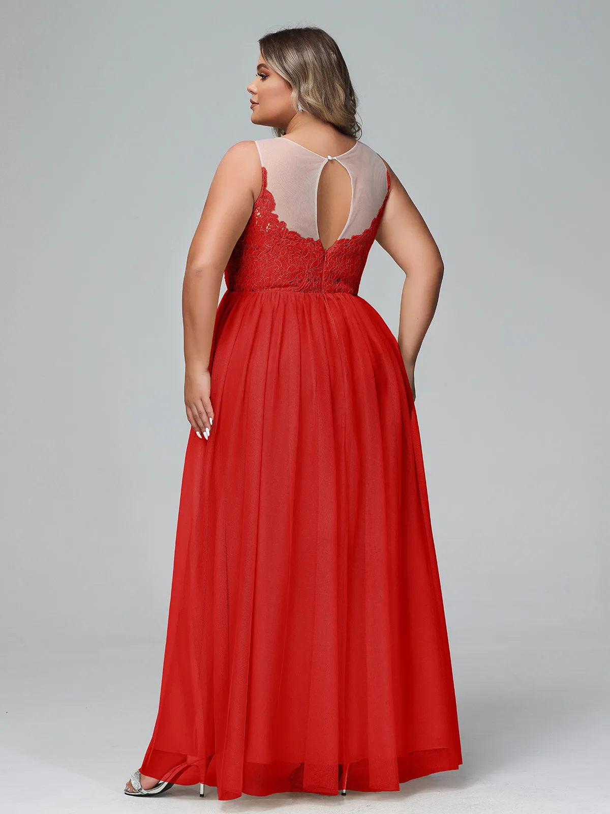 Illusion Neckline Lace and Tulle Maxi Dress-Red Plus Size