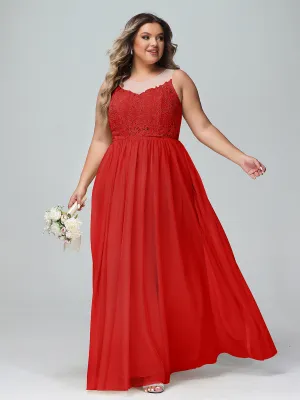 Illusion Neckline Lace and Tulle Maxi Dress-Red Plus Size