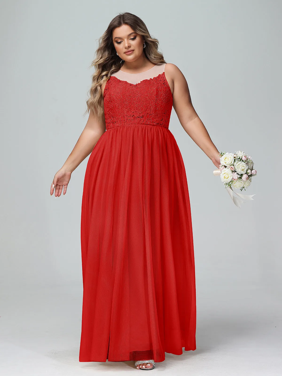 Illusion Neckline Lace and Tulle Maxi Dress-Red Plus Size